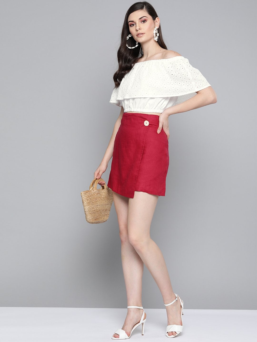 Women's White Schiffli Off Shoulder Crop Top