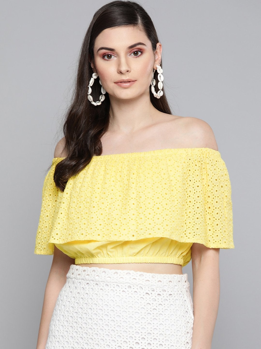 Women's Lemon Yellow Schiffli Off Shoulder Crop Top