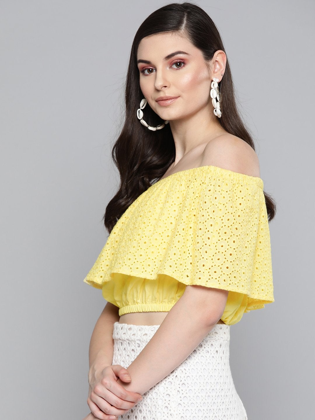 Women's Lemon Yellow Schiffli Off Shoulder Crop Top