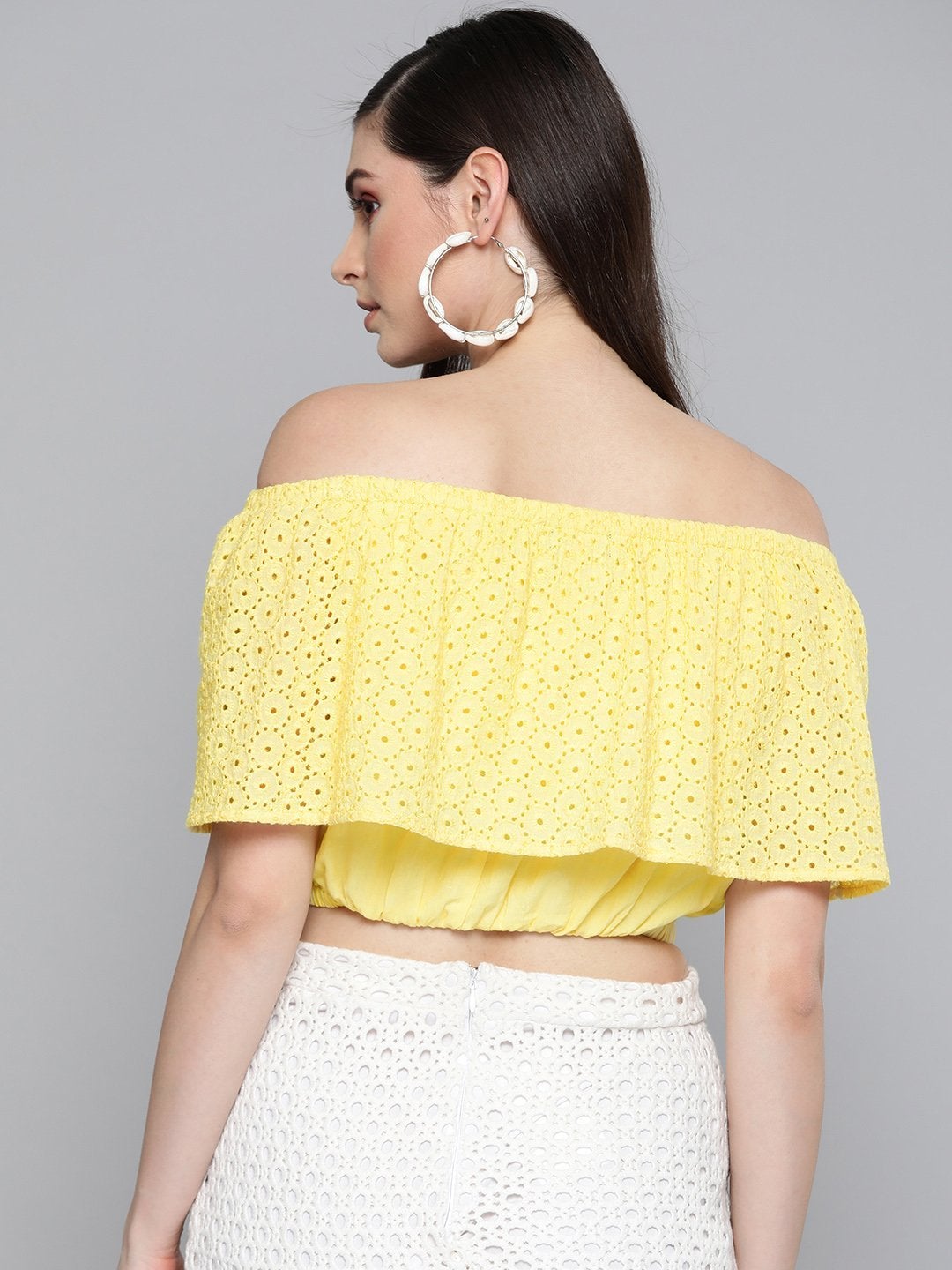 Women's Lemon Yellow Schiffli Off Shoulder Crop Top