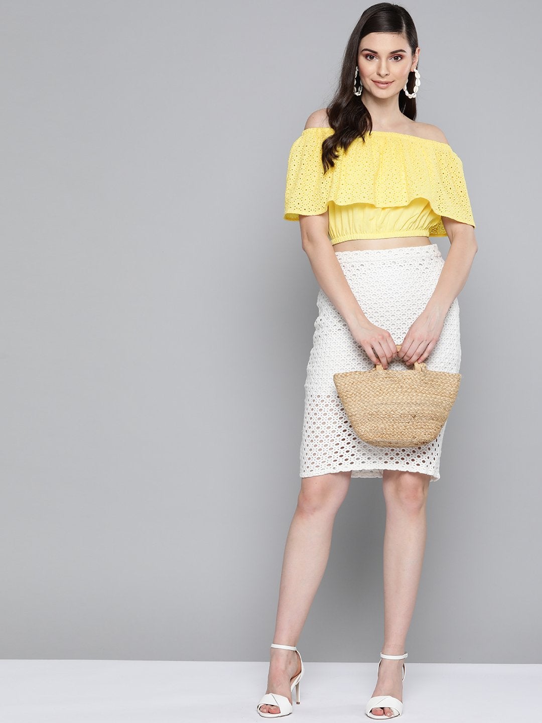 Women's Lemon Yellow Schiffli Off Shoulder Crop Top