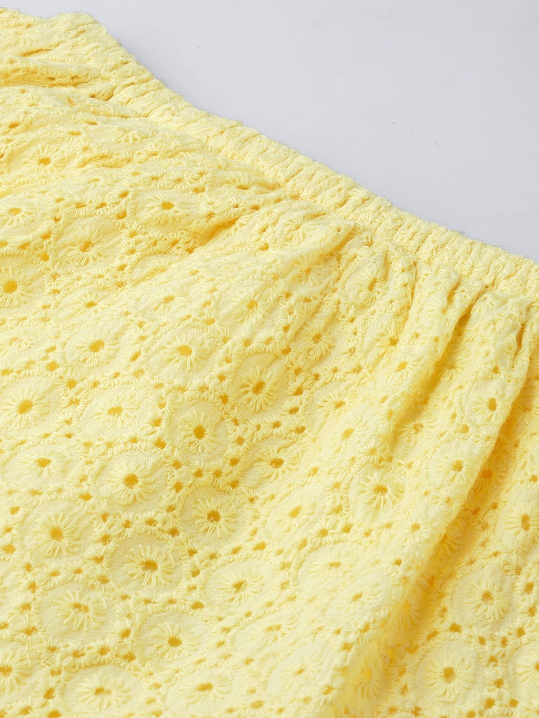 Women's Lemon Yellow Schiffli Off Shoulder Crop Top