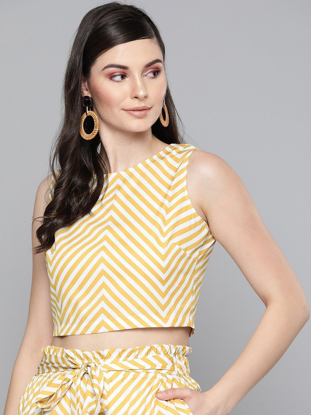 Women's Mustard Chevron Back Placket Crop Top