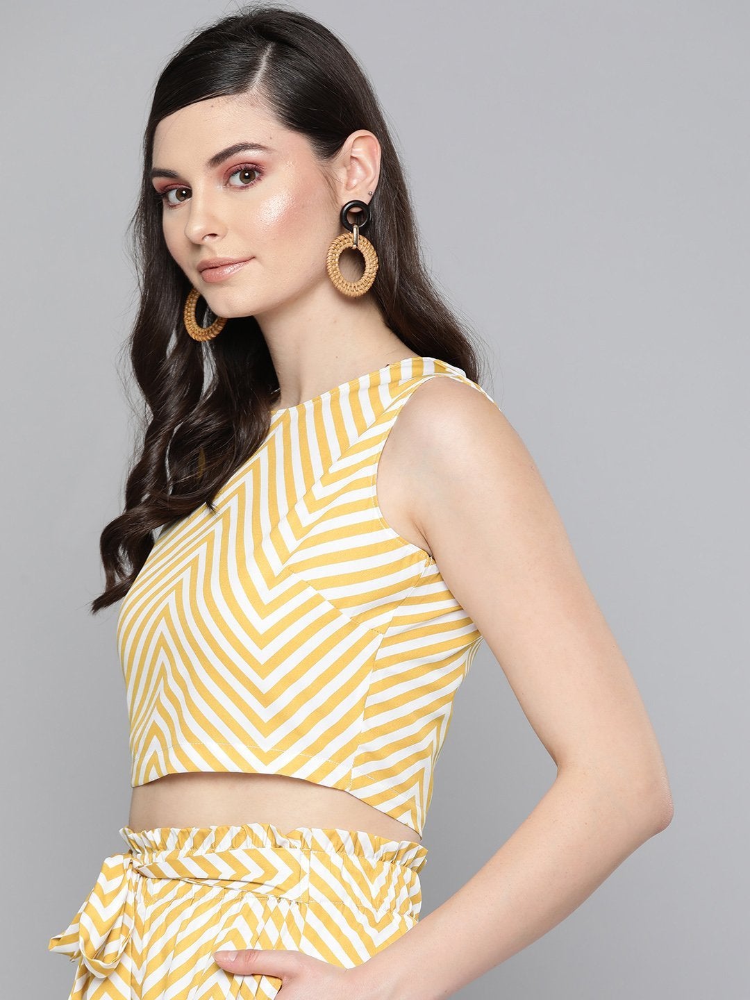 Women's Mustard Chevron Back Placket Crop Top