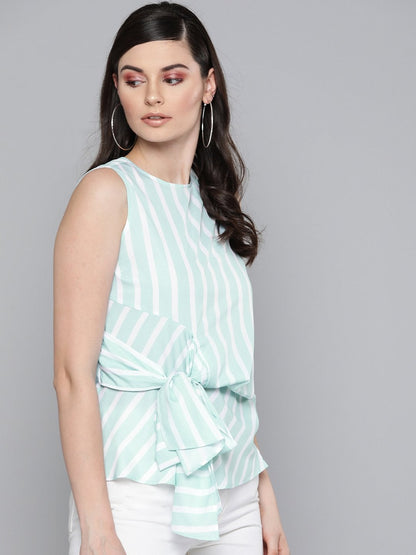 Women's Sea Green Stripe Side Knot Detail Top