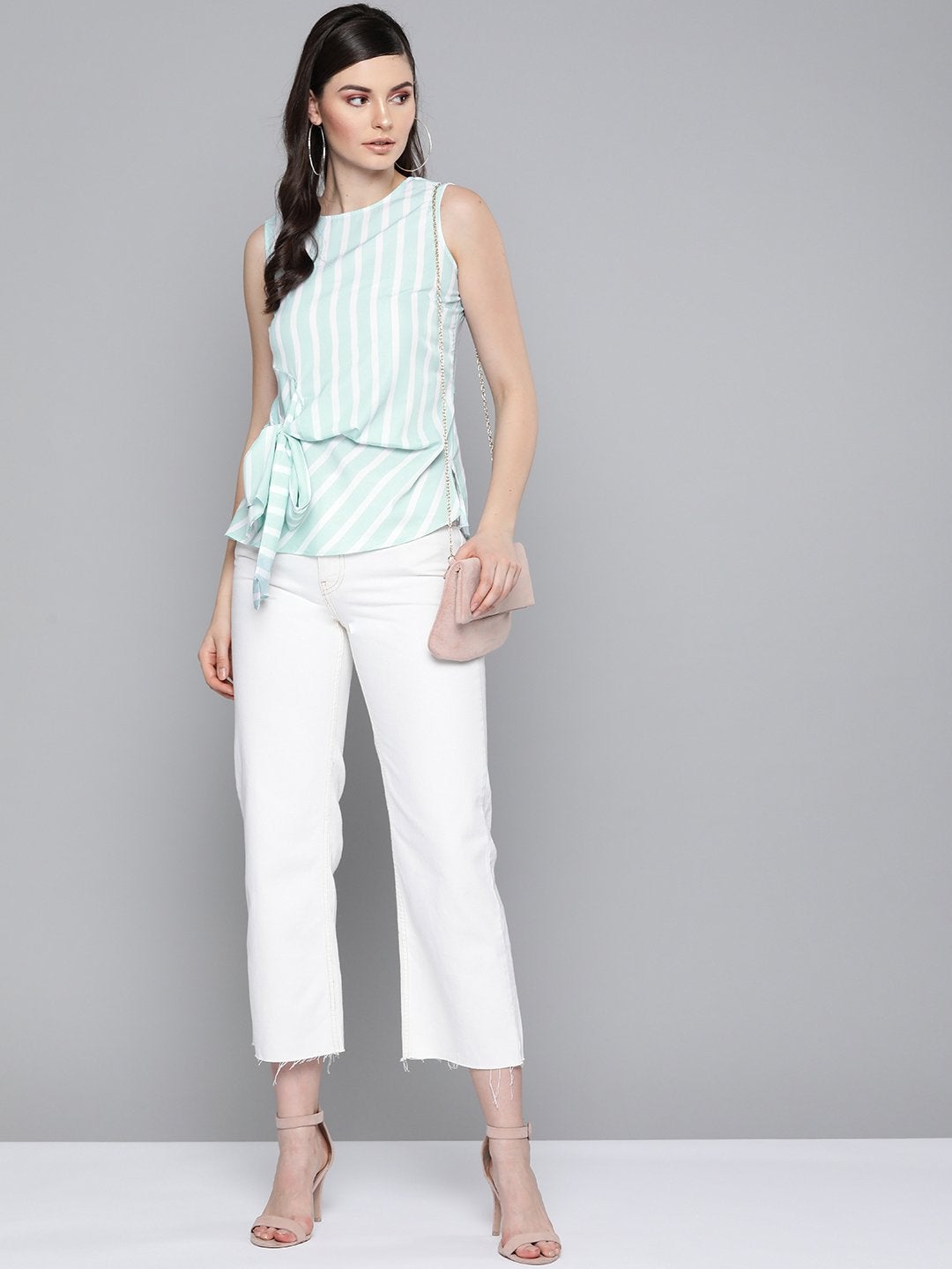 Women's Sea Green Stripe Side Knot Detail Top