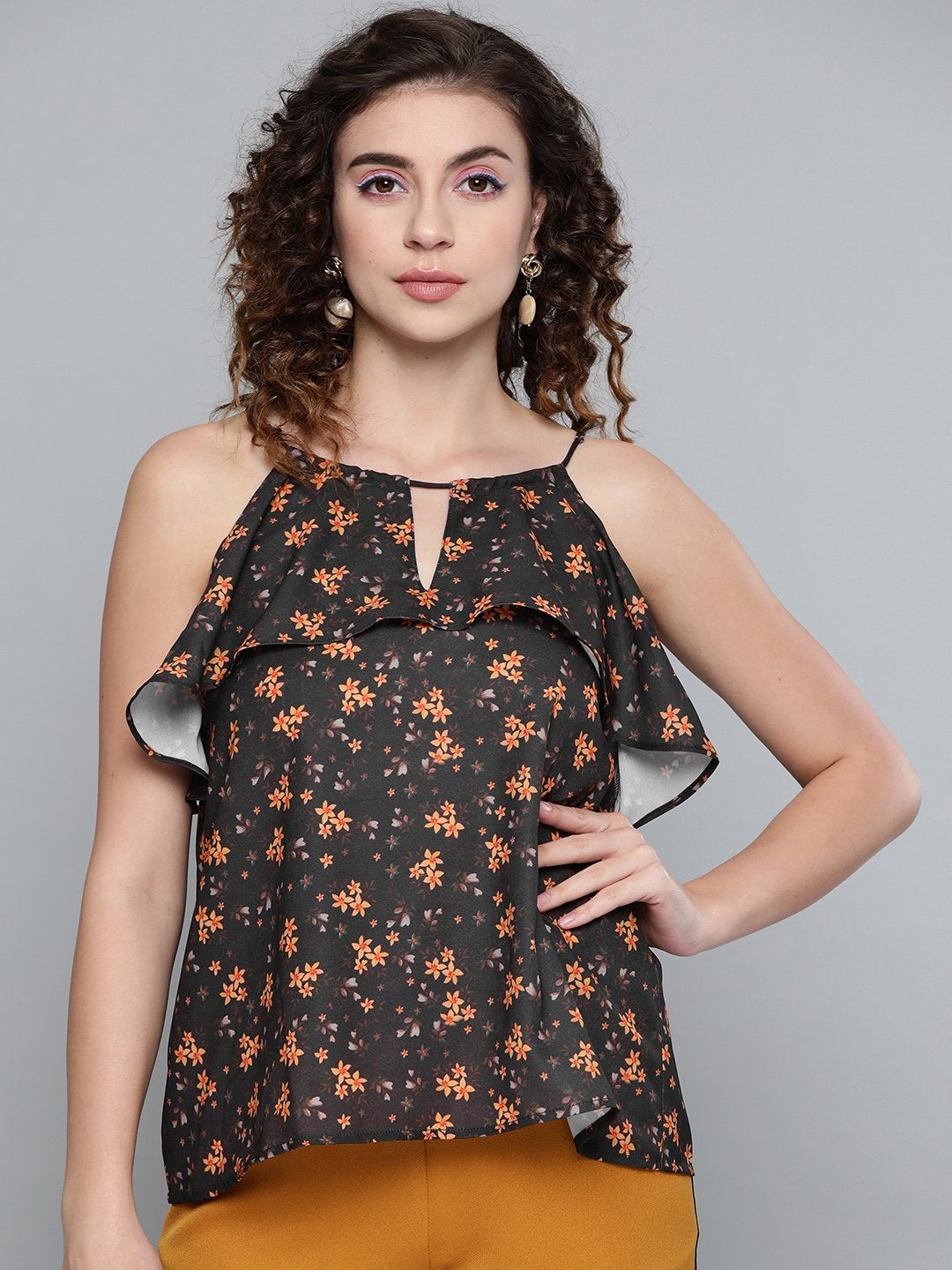 Women's Black Ditsy Floral Halter Neck Top