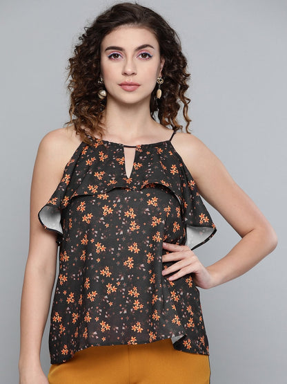 Women's Black Ditsy Floral Halter Neck Top