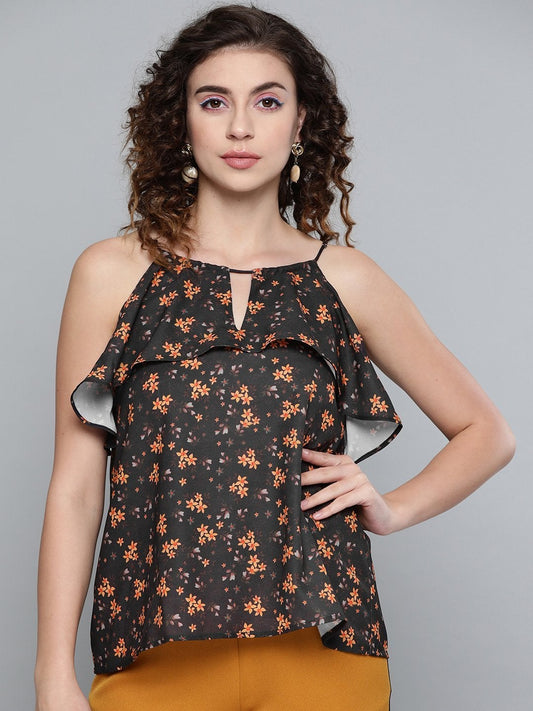 Women's Black Ditsy Floral Halter Neck Top