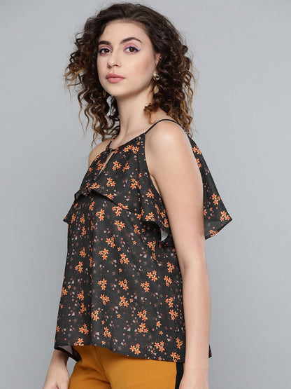 Women's Black Ditsy Floral Halter Neck Top