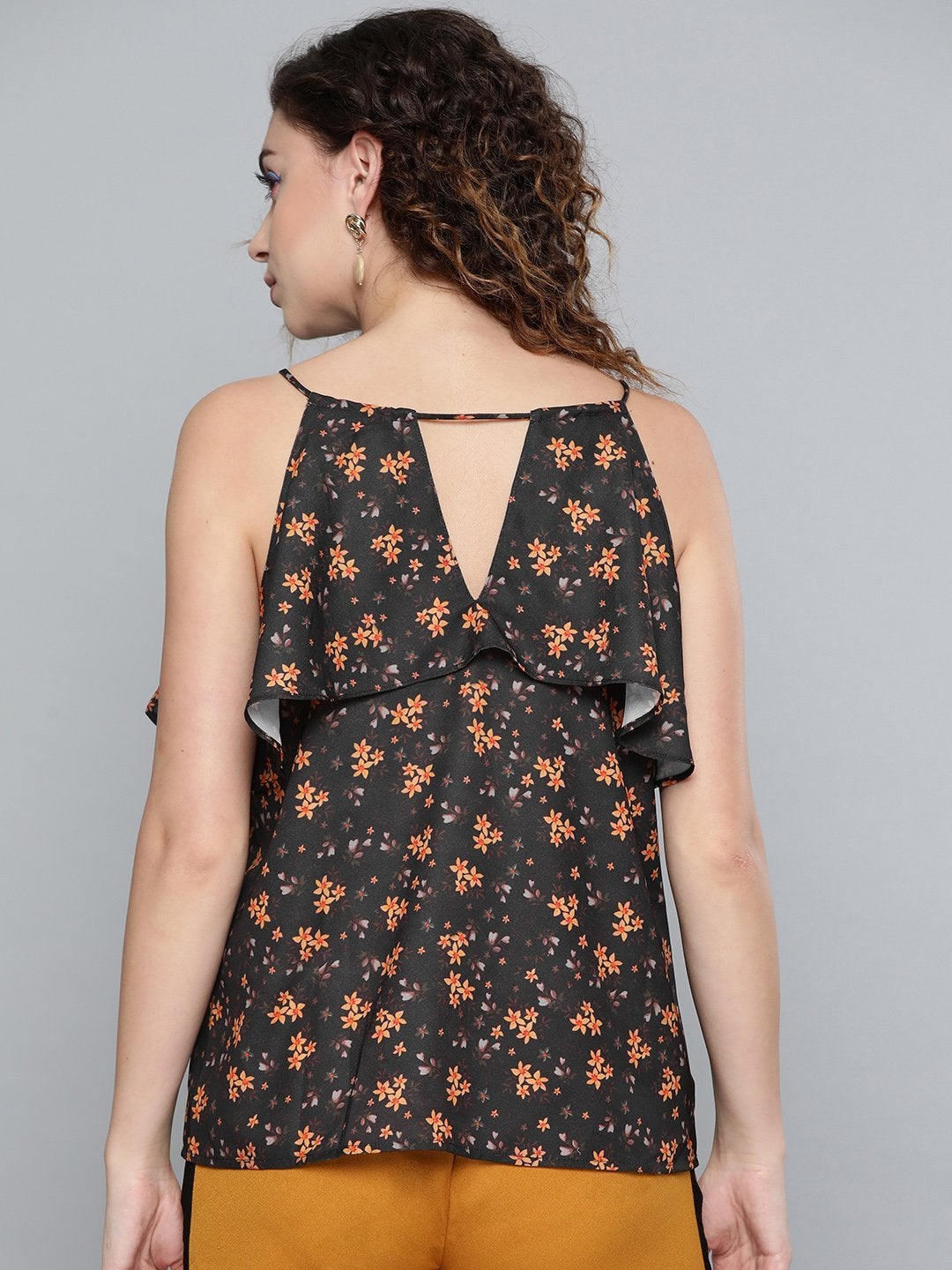 Women's Black Ditsy Floral Halter Neck Top