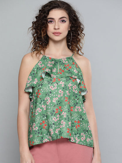 Women's Green Ditsy Floral Halter Neck Top
