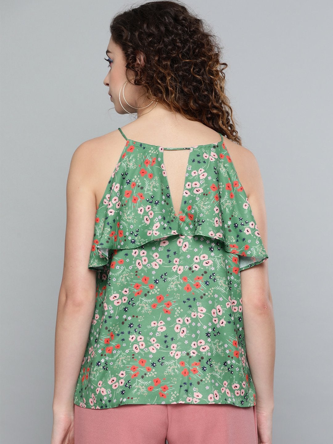 Women's Green Ditsy Floral Halter Neck Top