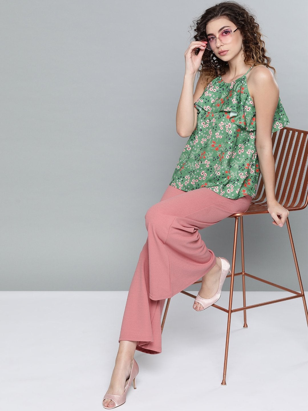 Women's Green Ditsy Floral Halter Neck Top