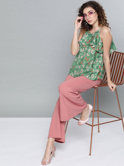 Women's Green Ditsy Floral Halter Neck Top