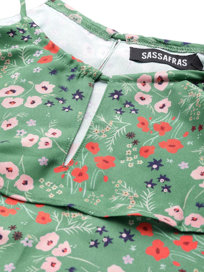 Women's Green Ditsy Floral Halter Neck Top