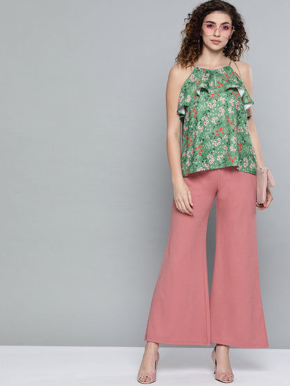 Women's Green Ditsy Floral Halter Neck Top