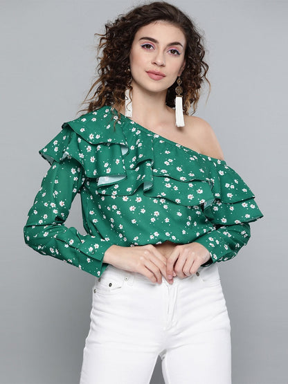 Women's Emerald Green Ditsy Floral One Shoulder Crop Top