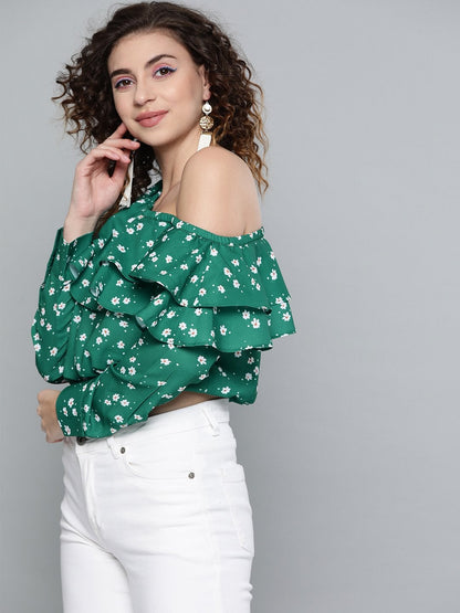 Women's Emerald Green Ditsy Floral One Shoulder Crop Top