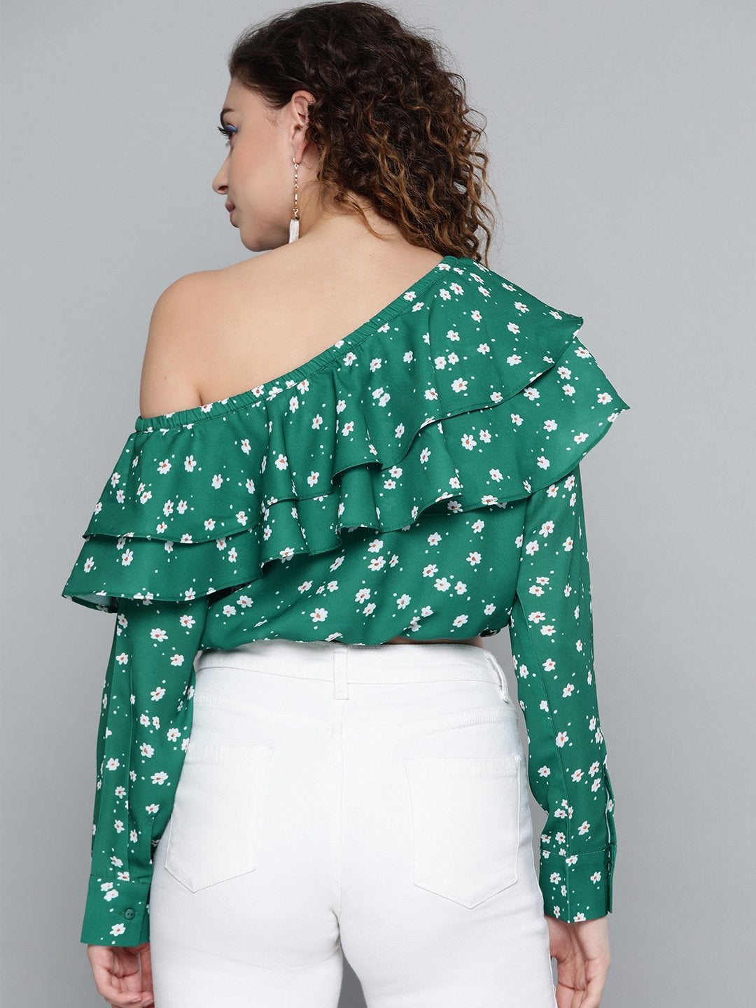 Women's Emerald Green Ditsy Floral One Shoulder Crop Top
