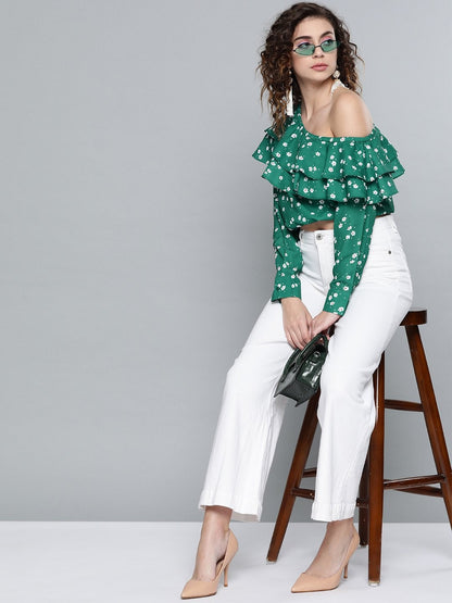 Women's Emerald Green Ditsy Floral One Shoulder Crop Top