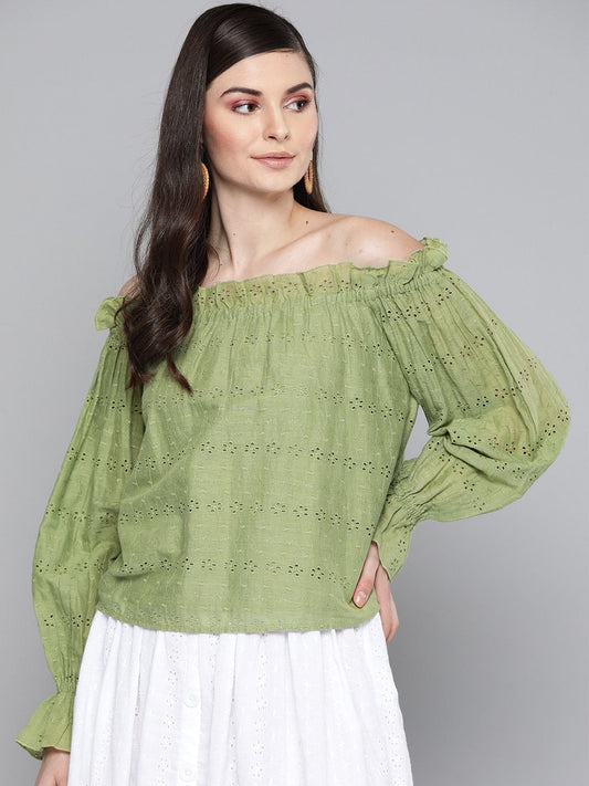 Women's Olive Schiffli Off Shoulder Top