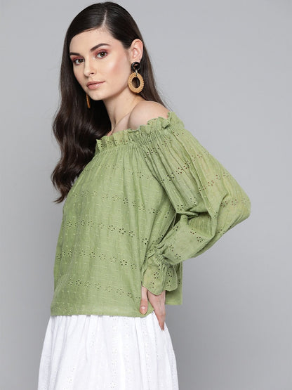 Women's Olive Schiffli Off Shoulder Top