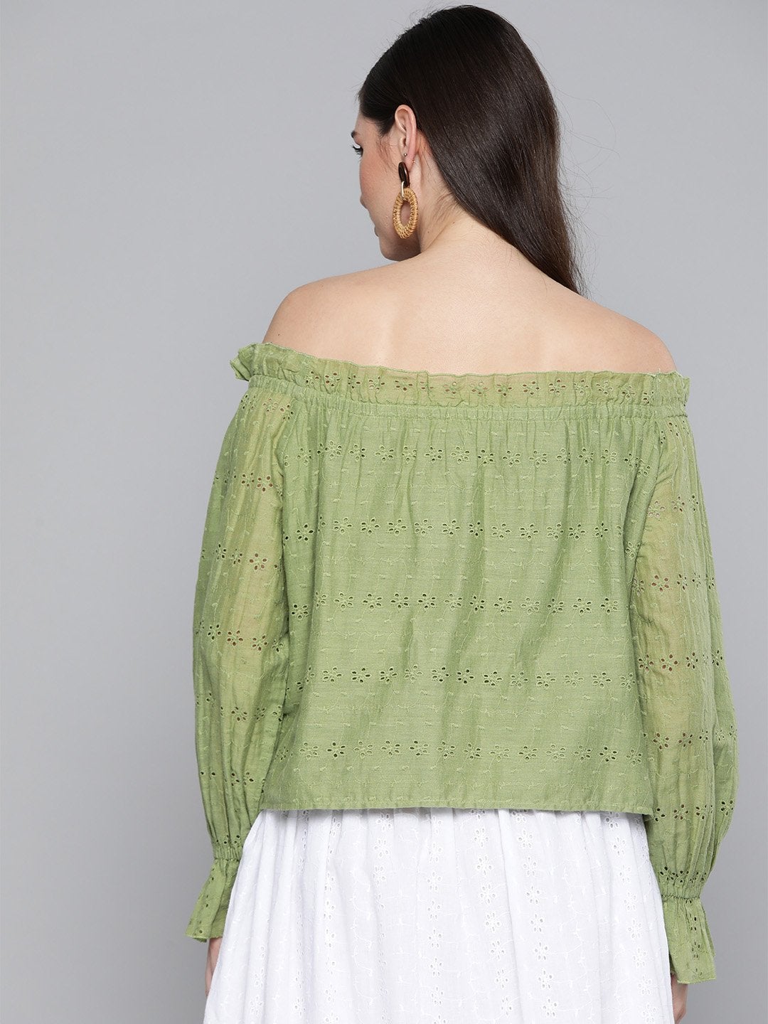 Women's Olive Schiffli Off Shoulder Top