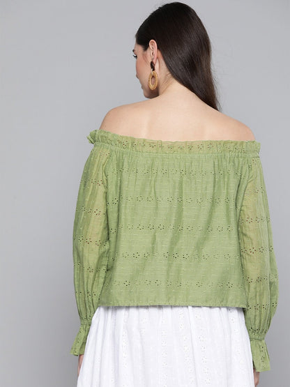 Women's Olive Schiffli Off Shoulder Top