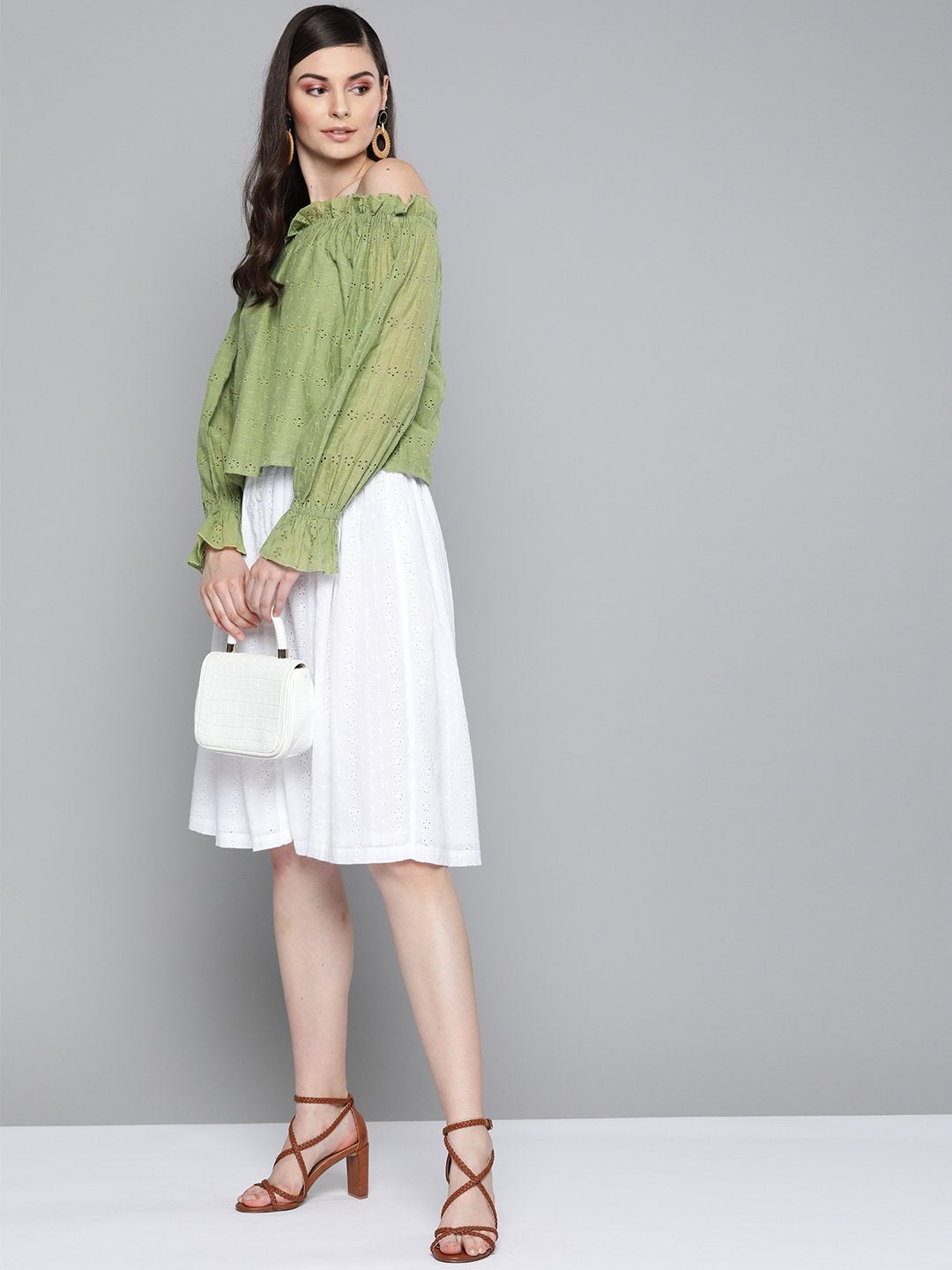 Women's Olive Schiffli Off Shoulder Top
