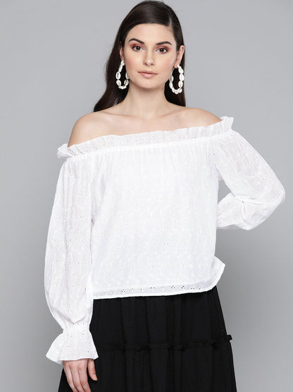 Women's White Schiffli Off Shoulder Top