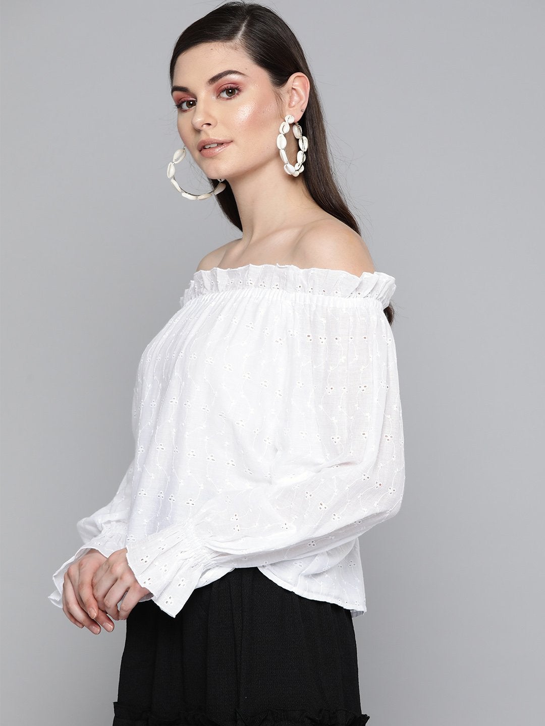 Women's White Schiffli Off Shoulder Top