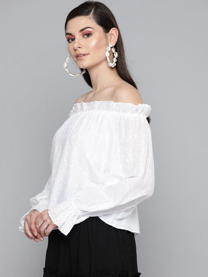 Women's White Schiffli Off Shoulder Top