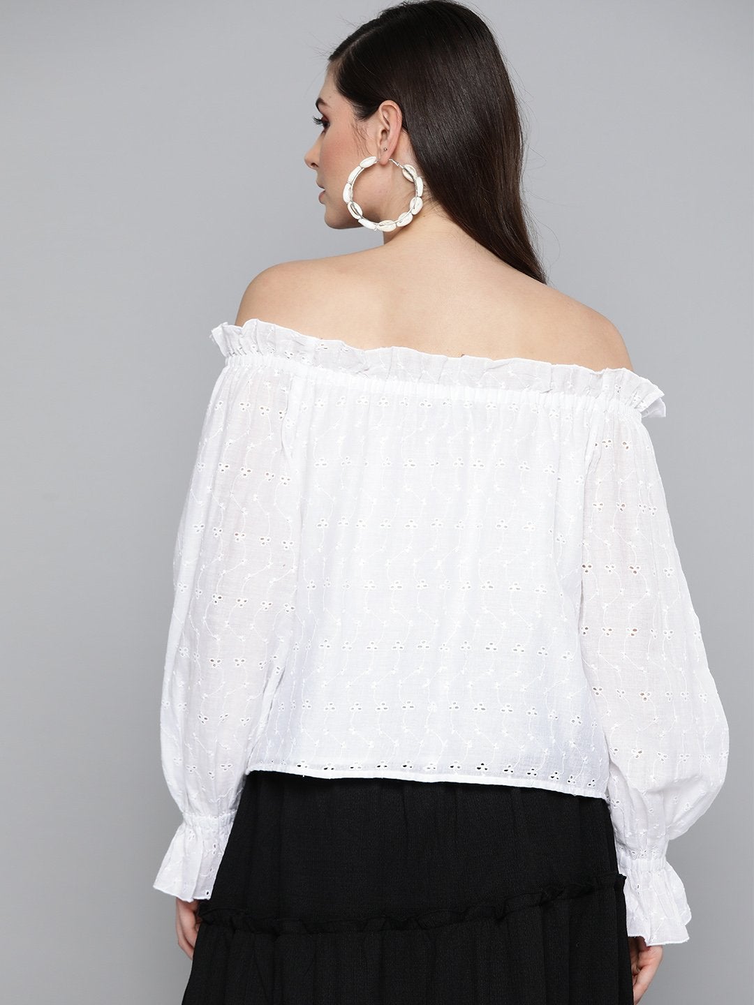 Women's White Schiffli Off Shoulder Top