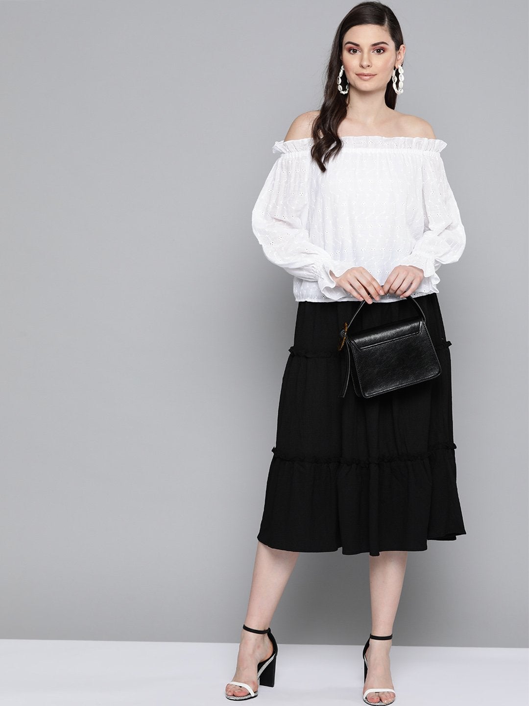 Women's White Schiffli Off Shoulder Top