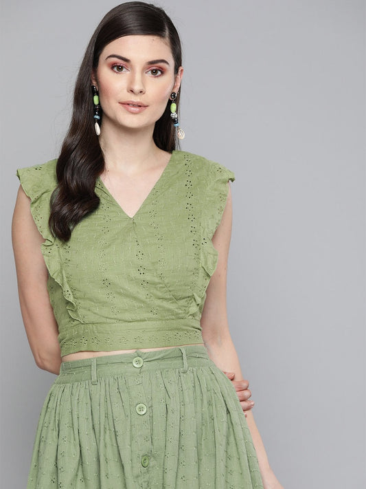 Women's Olive Schiffli Wrap Crop Top