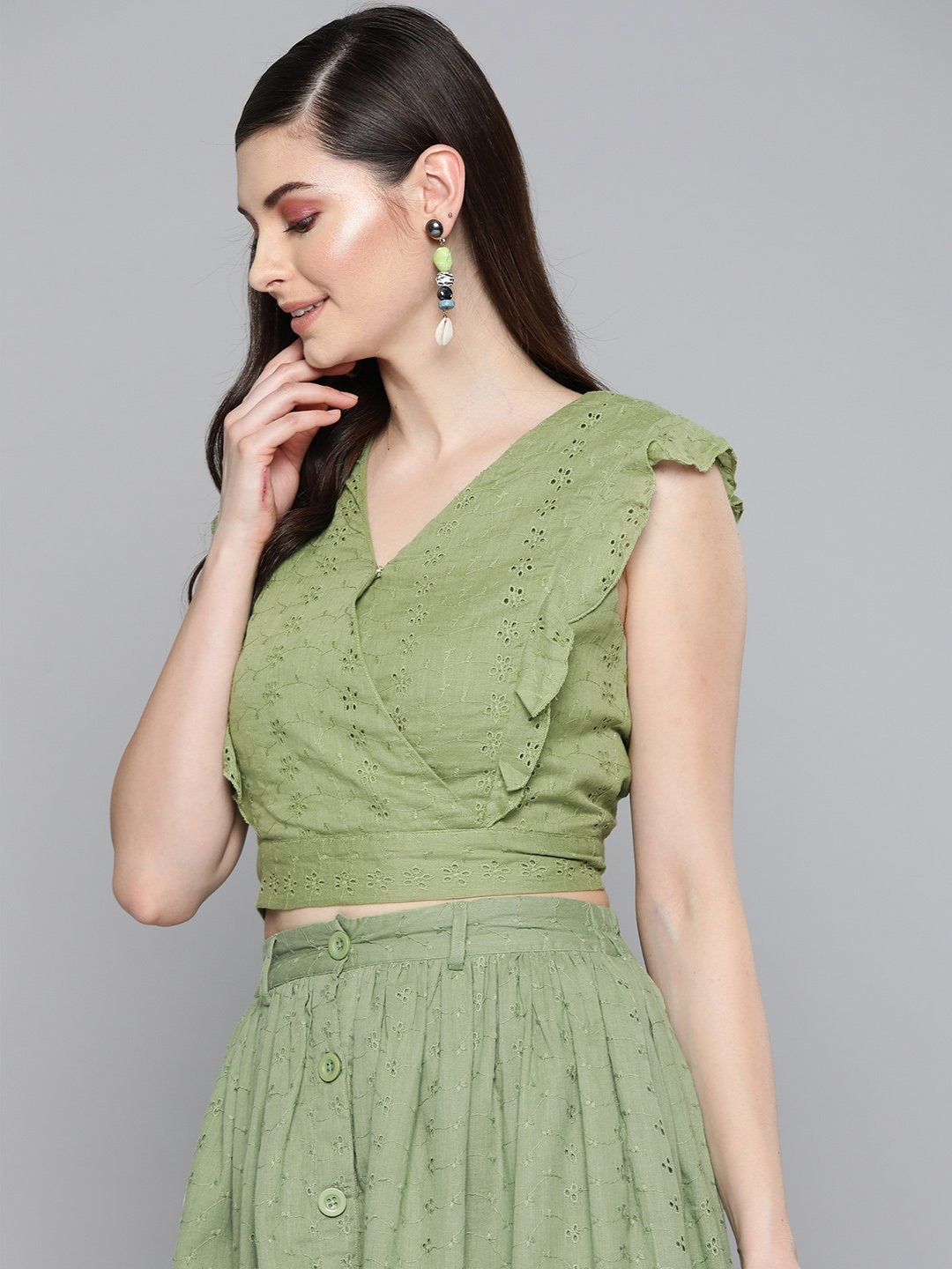 Women's Olive Schiffli Wrap Crop Top