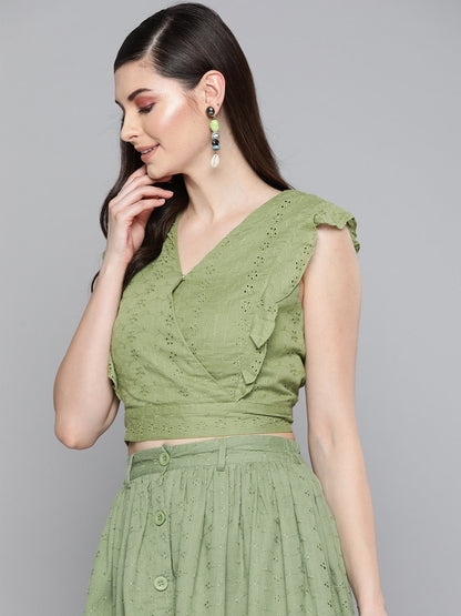 Women's Olive Schiffli Wrap Crop Top