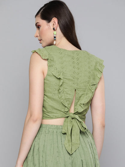 Women's Olive Schiffli Wrap Crop Top