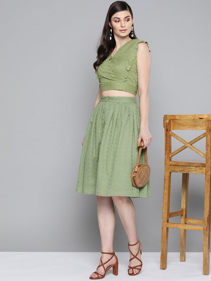 Women's Olive Schiffli Wrap Crop Top