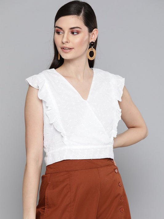 Women's White Schiffli Wrap Crop Top