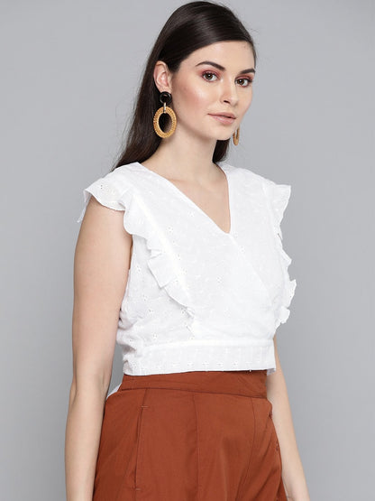 Women's White Schiffli Wrap Crop Top