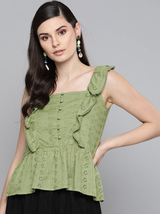 Women's Olive Schiffli Button Peplum Top