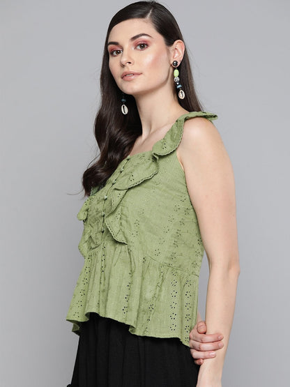 Women's Olive Schiffli Button Peplum Top