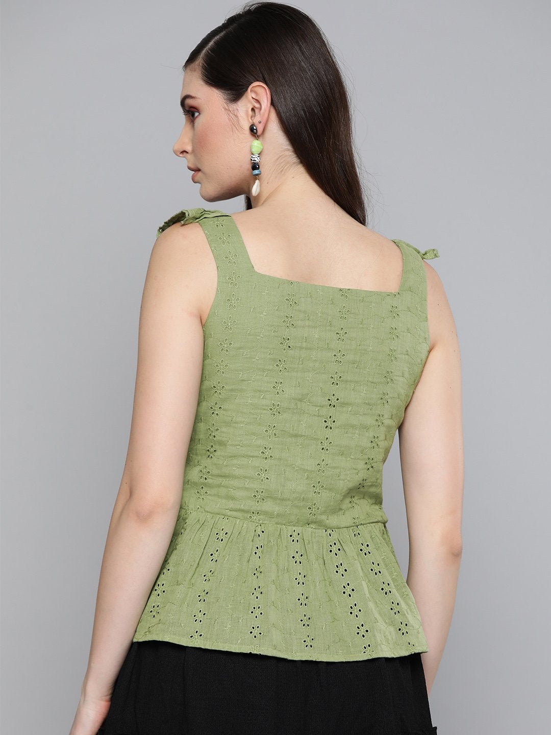 Women's Olive Schiffli Button Peplum Top