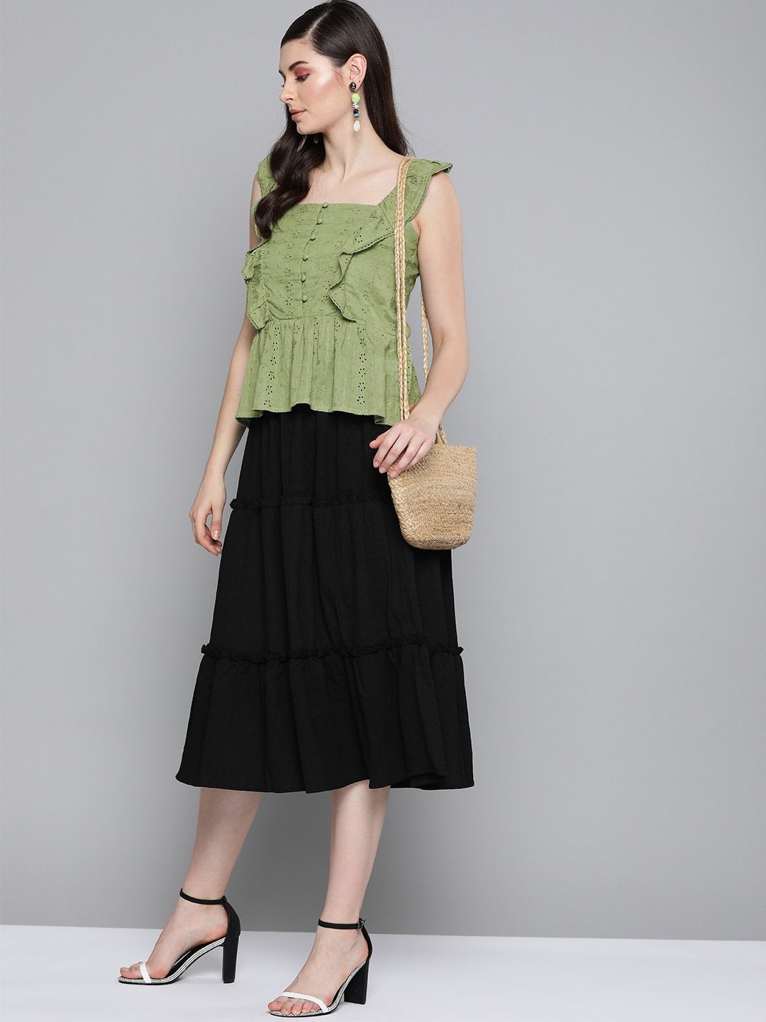 Women's Olive Schiffli Button Peplum Top