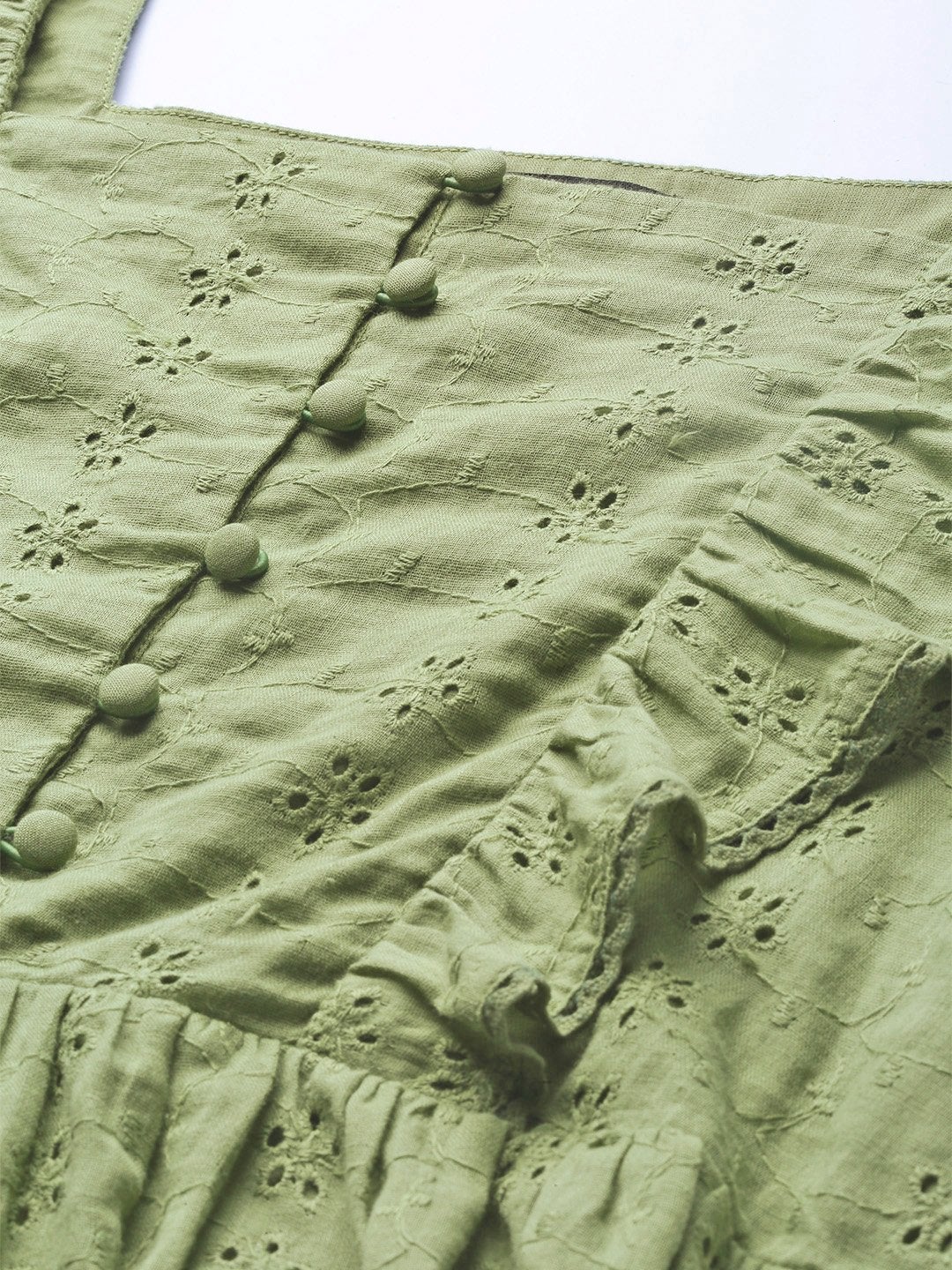 Women's Olive Schiffli Button Peplum Top