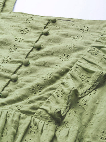Women's Olive Schiffli Button Peplum Top