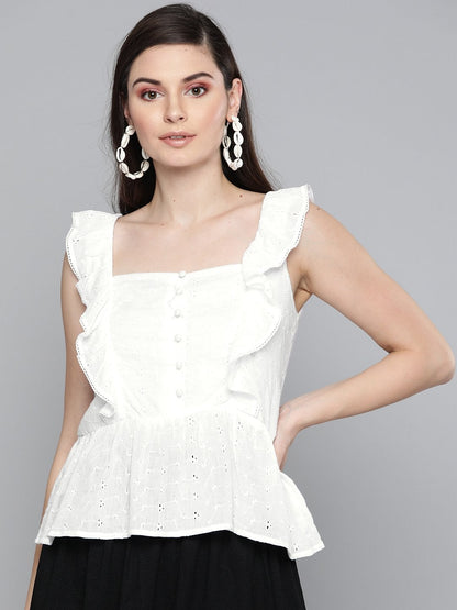 Women's White Schiffli Button Peplum Top