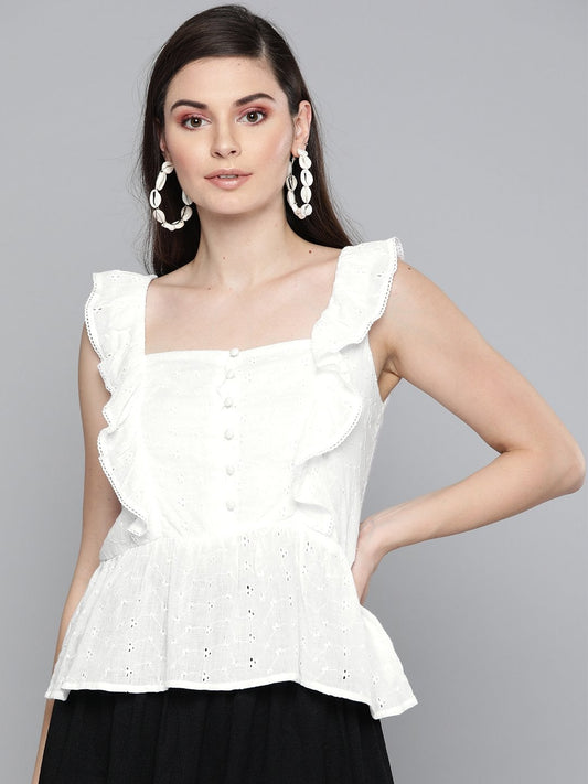 Women's White Schiffli Button Peplum Top